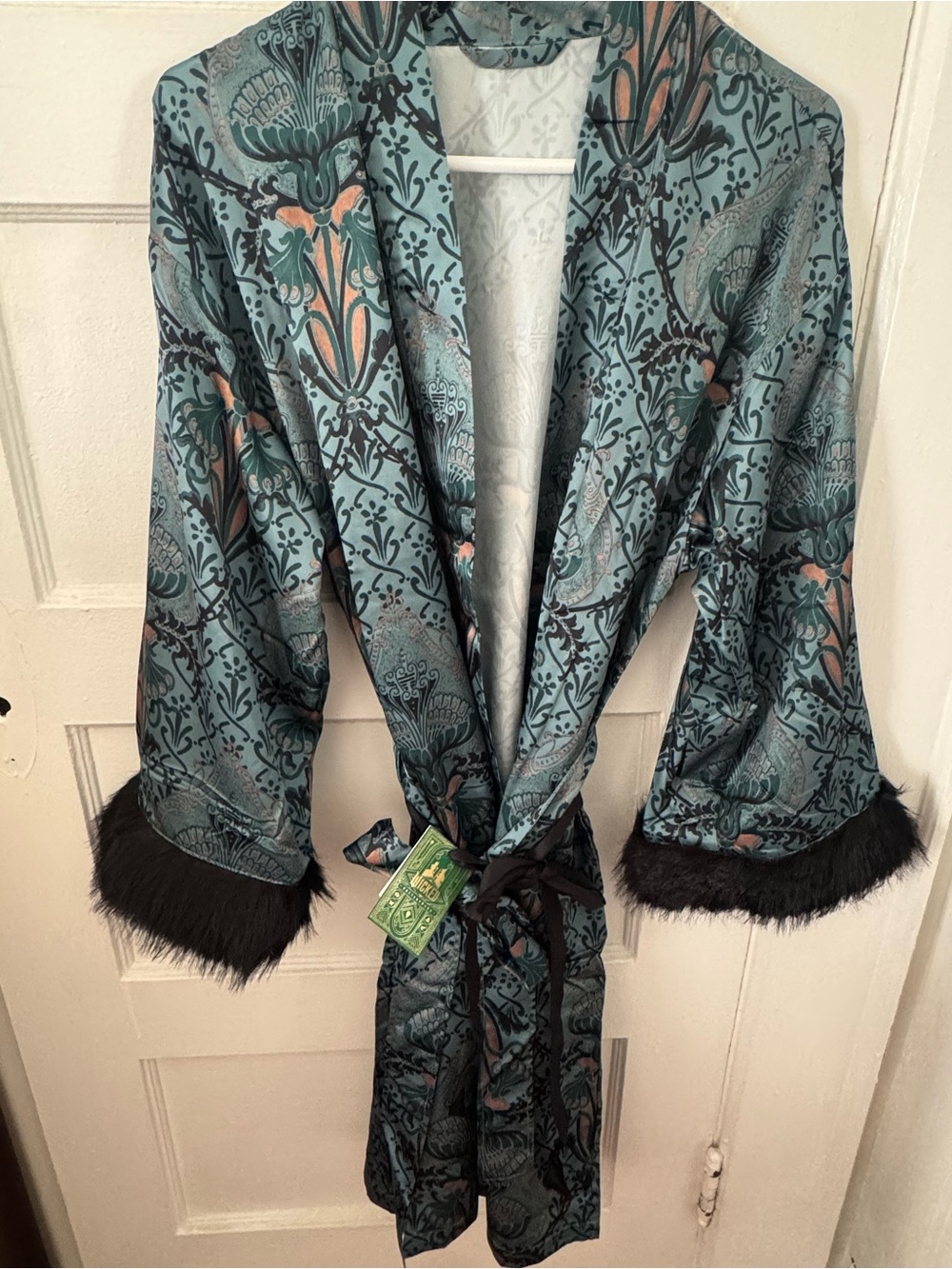 Pottery Barn Teal and Coral Floral Satin Robe with Black Faux-Fur Cuffs